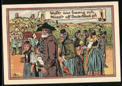 Notgeld Butzbach 1921, 25 Pfennig, 600-jähriges Stadtjubiläum mit Ortsansicht und Trachtengruppe