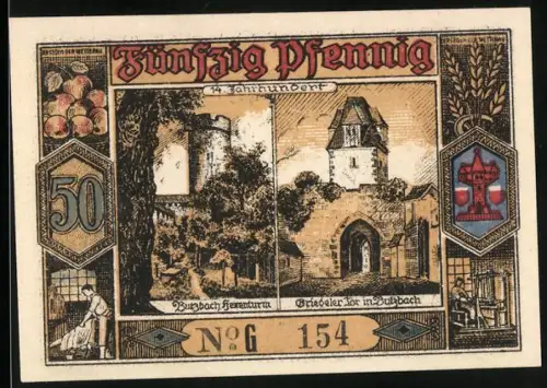 Notgeld Butzbach 1921, 50 Pfennig, Hexenturm und Grübelertor, Urkunde und Landgraf Philipp von Butzbach