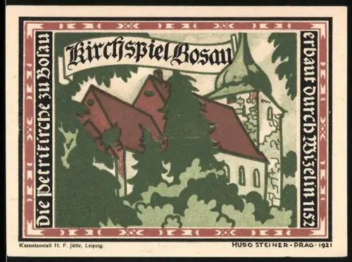 Notgeld Bosau 1921, 1 Mark, Kirche und Landschaftsmotiv