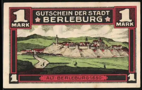 Notgeld Berleburg 1921, 1 Mark, Alt-Berleburg 1650 und Wappen von Berleburg mit Bär und Löwe