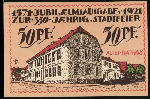 Notgeld Angerburg i. Ostpr. 1921, 50 Pf, Altes Rathaus und Wappen