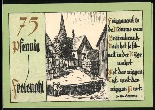 Notgeld Freienohl, 75 Pfennig, Dorfszene mit Fachwerkhäusern und Gedicht
