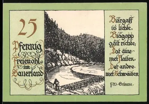 Notgeld Freienohl im Sauerland, 25 Pfennig, Landschaft mit Fluss und Waldszene