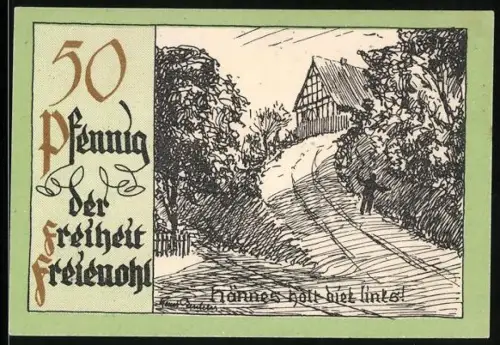 Notgeld Freienohl im Sauerland, 50 Pfennig, ländliche Strasse mit Fachwerkhaus und Bäumen
