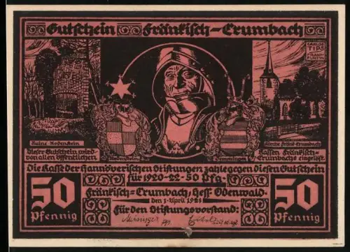 Notgeld Fränkisch-Crumbach /Odenwald 1920, 50 Pfennig, Ritterhelm und Schmiedeszene