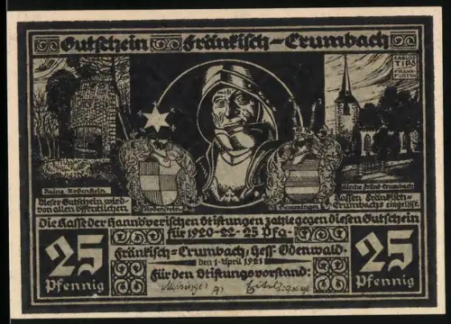 Notgeld Fränkisch-Crumbach /Odenwald 1921, 25 Pfennig, Ritter und Reiter im Sturm
