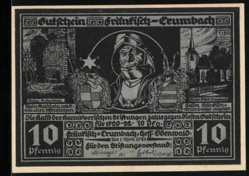 Notgeld Fränkisch-Crumbach /Odenwald 1921, 10 Pfennig, Ritterporträt und Landschaft mit Wolkenformation