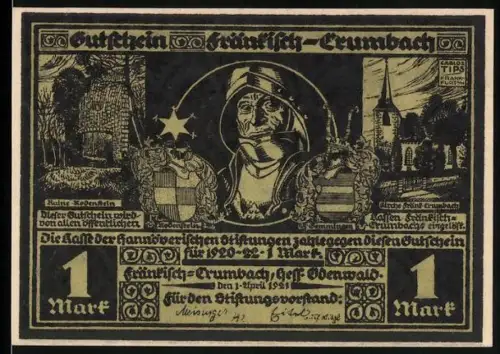 Notgeld Fränkisch-Crumbach 1920, 1 Mark, Ritteren und Wappen, mittelalterliche Architektur
