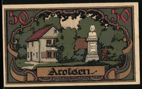 Notgeld Arolsen 1921, 50 Pfennig, Haus und Denkmal, stilisierte Initiale A mit Strahlen