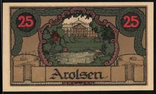 Notgeld Arolsen 1921, 25 Pfennig, Schlossansicht und Wappen mit Stern und Buchstabe A