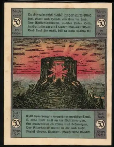 Notgeld Artern a. Elbe 1921, 50 Pf., Festung mit Sonnenaufgang und Wappen mit vier Silhouetten