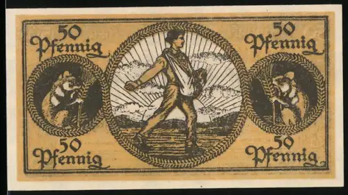 Notgeld Erbach i.Odw. 1918, 50 Pfennig, Sämann und Tiere, Wappen des Kreises Erbach i.Odw