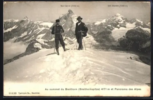 AK Au sommet du Breithorn et Panorama des Alpes, Bergsteiger