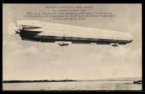 AK Zeppelin Luftschiff, neues Modell im Flug, technische Daten
