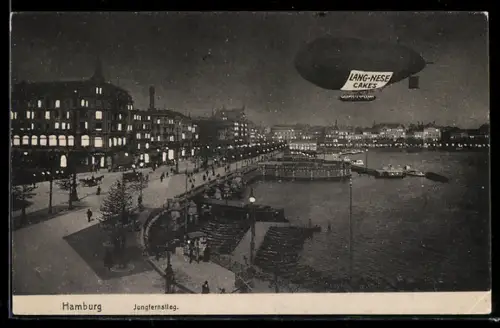 AK Hamburg, Luftschiff Parseval 6 über dem Jungfernstieg, Werbung für Langnese Cakes, Zeppelin