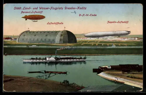 AK Dresden-Kaditz, Städt. Land- und Wasser-Flugplatz, Zeppelin-Luftschidd, Parseval-Luftschiff
