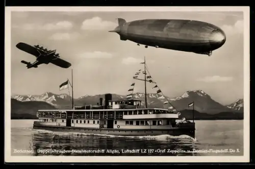 AK Bodensee, Doppelschrauben-Dampfer Allgäu, Luftschiff LZ 127 Graf Zeppelin, Dornier-Flugschiff Do X, 