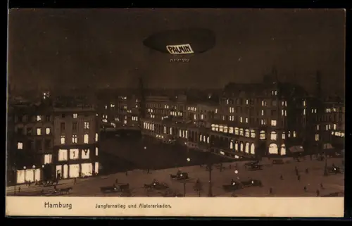 AK Hamburg, Parsevalballon über dem Jungfernstieg und Alsterarkaden, Werbung für Palmin, Zeppelin