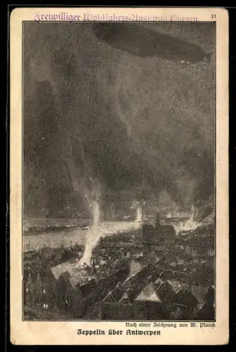 AK Antwerpen, Zeppelin beim Angriff auf die Stadt