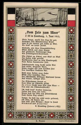 AK Hamburg, Zeppelin Z III über dem Hamburger Hafen 1912, Gedicht vom Fels zum Meer