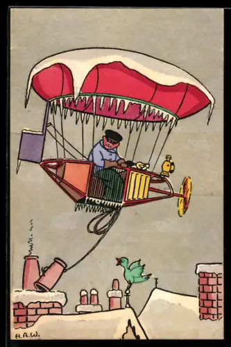 AK Vereister Zeppelin reisst mit Landungsanker Schornstein von Gebäude ab