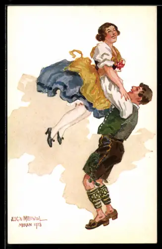 Künstler-AK Paar bei einem bayerischen Tanz