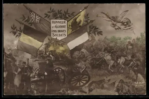 AK Soldaten zu Pferd im Gefecht, Engel mit Posaune