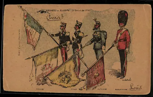 Künstler-AK Französischer, italienischer, österreichischer und englischer Soldat mit Flaggen