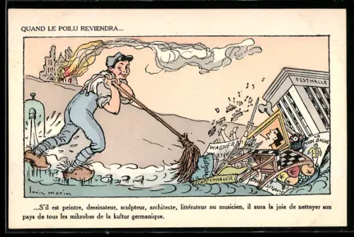 Künstler-AK Mann mit Besen wischt Kunstwerke beiseite