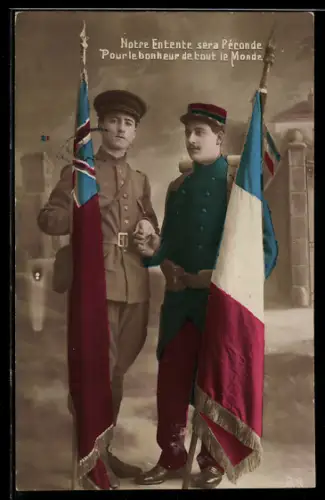AK Soldaten mit Flaggen ihrer Länder halten Hände