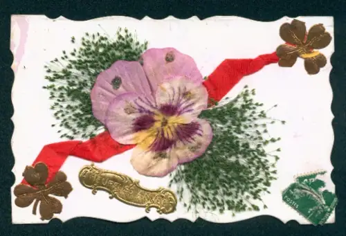 Oblaten-AK mit aufgeklebter Stiefmütterchenblüte, Gräser, Glücksklee, Heureuse Année