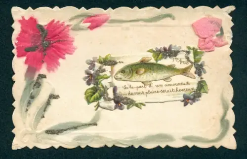 Oblaten-AK Blume mit Schmetterling u. Glitter, Fisch u. Veilchen, 1er Avril