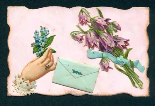 Oblaten-AK Damenhand mit Vergissmeinnicht, Glockenblumen, aufgeklebter Brief