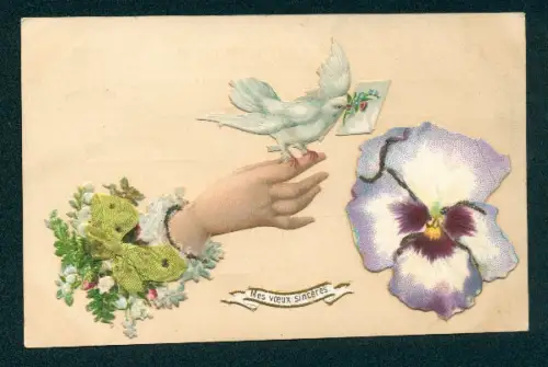 Oblaten-AK Damenhand mit weisser Taube u. Brief, aufgeklebtes Stiefmütterchen