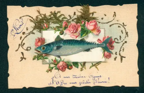 Oblaten-AK Fisch mit Rosen u. Glitter-Ornamenten, 1er Avril