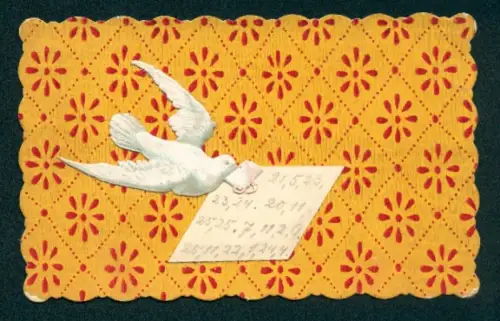 Oblaten-AK Weisse Brieftaube mit Brief u. aufgeklebtem Papier, Ornamente