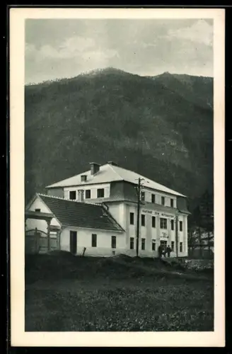 AK Hirschwang an der Rarbahn, Hotelgebäude vor Bergkulisse