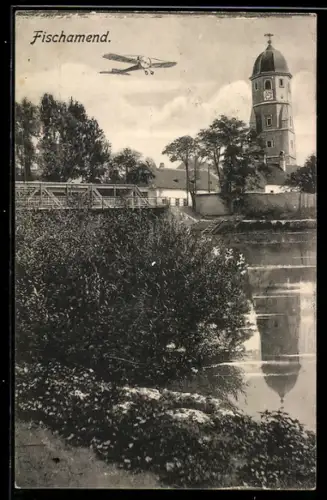 AK Fischamend, Kirche und Brücke am Ufer, Spiegelung im Wasser