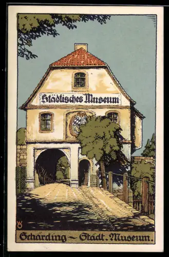 Künstler-AK Schärding, Städtisches Museum mit Torbogen
