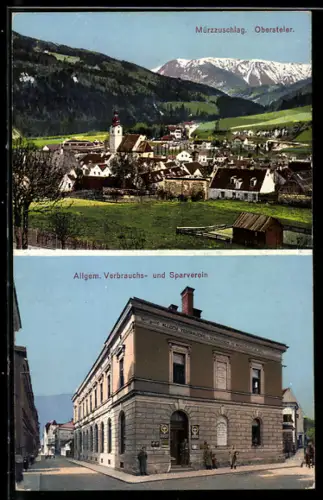 AK Mürzzuschlag /Obersteier, Ortsansicht und Allgemeiner Verbrauchs- und Sparverein