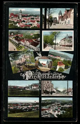 AK Perchtoldsdorf, Mehrbildkarte mit Panorama, Strassenpartien und Kirche