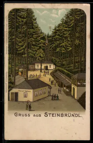 Lithographie Krummnussbaum, Steinbründl, Ausflugsplatz mit Gasthaus, Ständen und Aussichtsturm