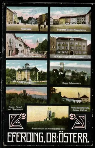 AK Eferding /Ob. Öst., Hauptplatz, Villa Gradovicz, Ruine Schauenburg