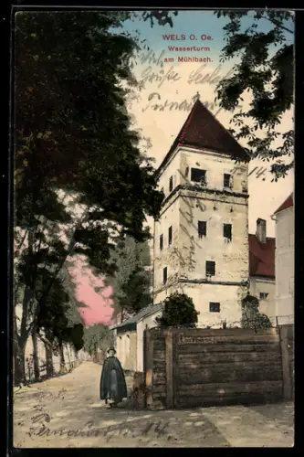 AK Wels /O. Ö., Wasserturm am Mühlbach