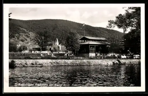 AK Schönberg am Kamp, Ufer mit Pavillon und Kirche