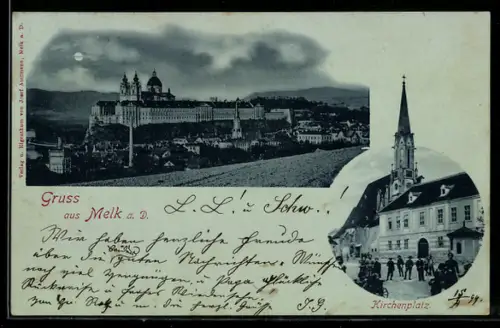 Mondschein-AK Melk a. D., Stift und Kirchenplatz