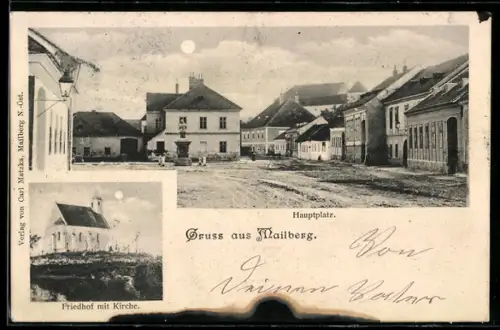 AK Mailberg, Hauptplatz und Friedhof mit Kirche