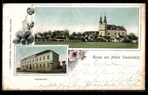 AK Maria Lanzendorf, Panorama mit Kirche und Volksschule