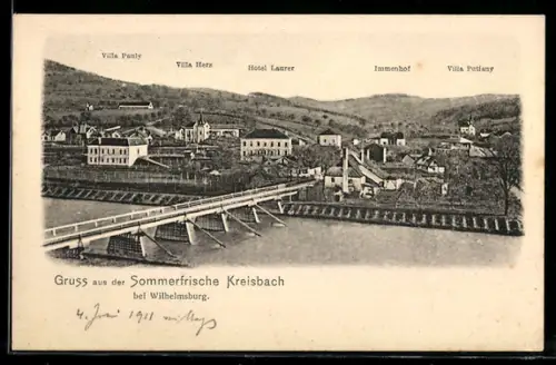 AK Kreisbach bei Wilhelmsburg, Panorama mit Brücke, Villen und Hotel Laurer
