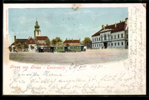 AK Gross-Enzersdorf, Marktplatz mit Kirche und Strassenbahn